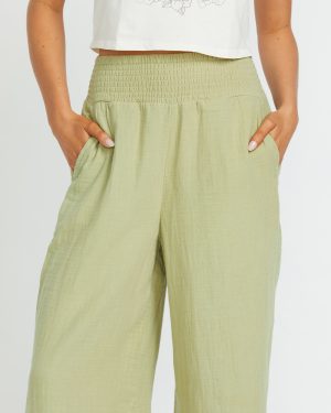 New Waves Gauze Elastic Waist Pants – Avocado