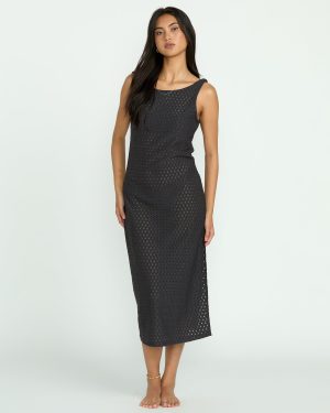Eyelet Sun Midi Dress Beach Coverup – Off Black