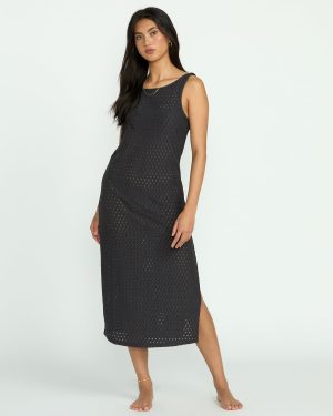 Eyelet Sun Midi Dress Beach Coverup – Off Black
