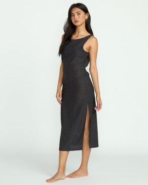 Eyelet Sun Midi Dress Beach Coverup – Off Black